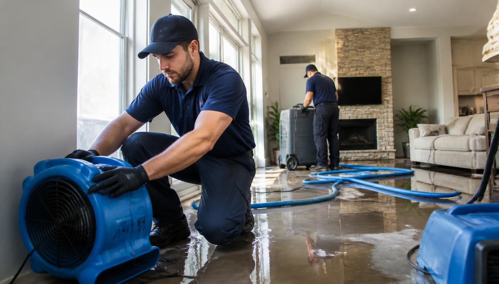 Restoration technicians drying a flooded living room
